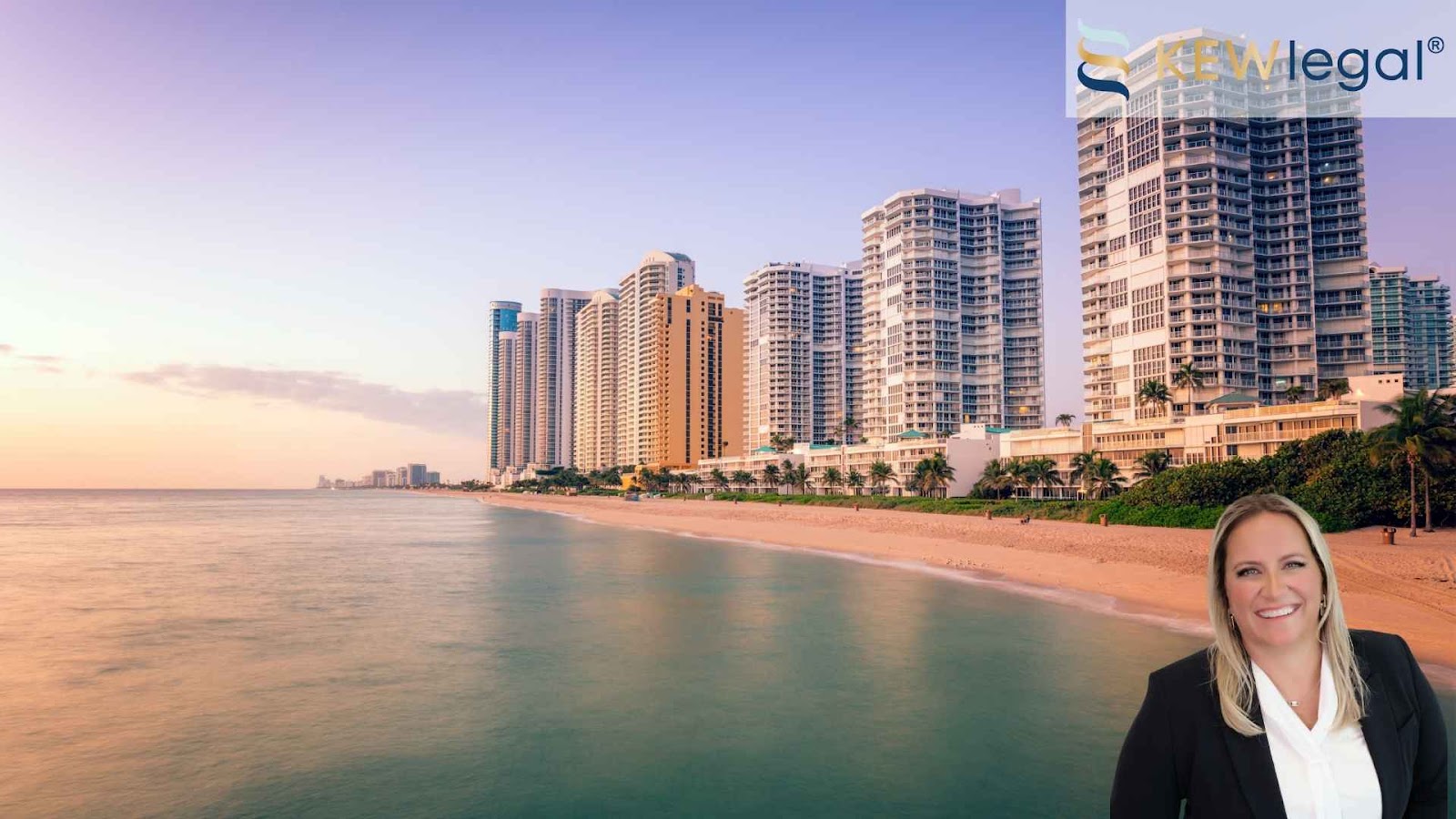 An aerial view of the Sunny Isles coast line, featuring a real estate and Business lawyer, with Kristina E. Wilson smiling on the side.