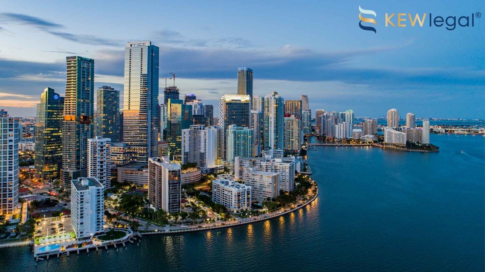 Aerial view of miami skyline at dusk.