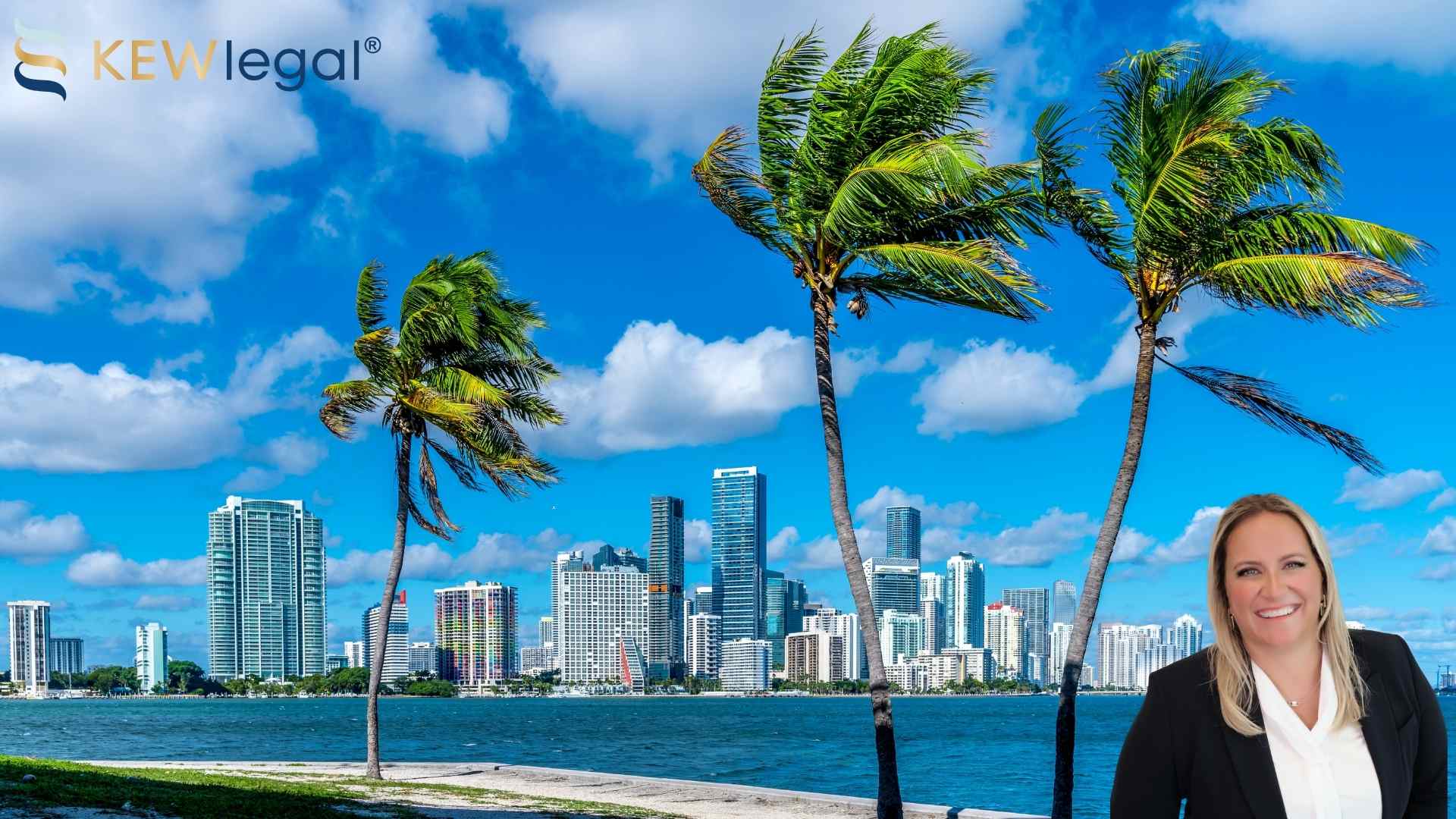 Miami skyline with palm trees and smiling professional