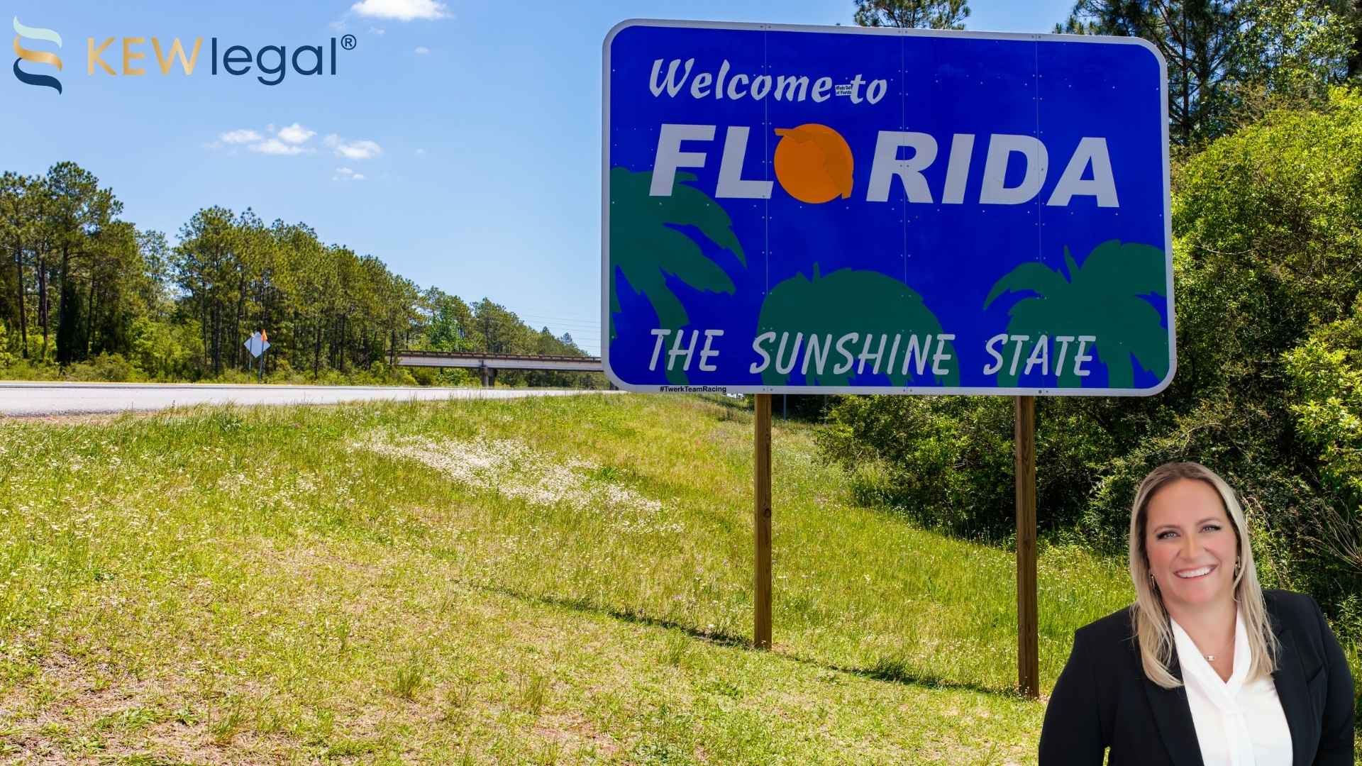Welcome to Florida sign on sunny roadside, with Kristina E. Wilson, real estate and business attorney, in the foreground