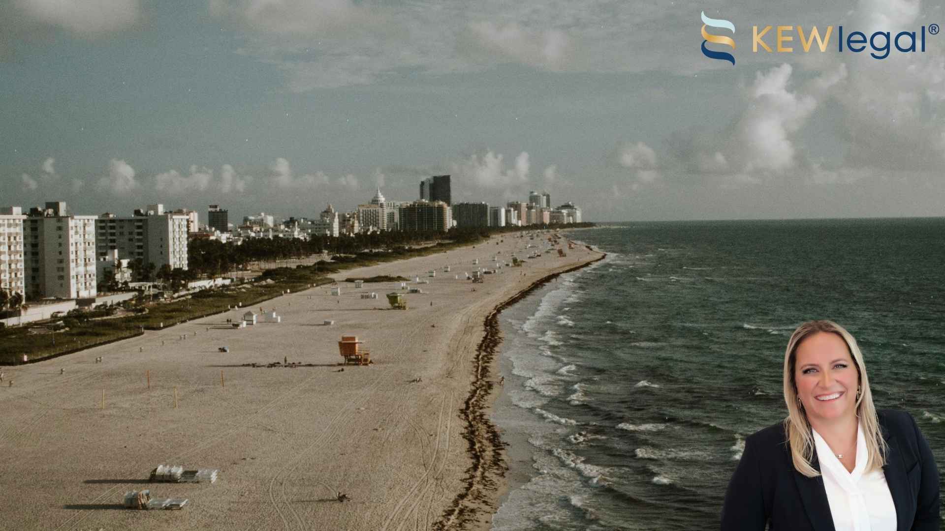 An aerial view of the beach in Florida, where buildings hosting local businesses in skyrises can be seen. An superimposed image of a business lawyer can be seen the bottom right.