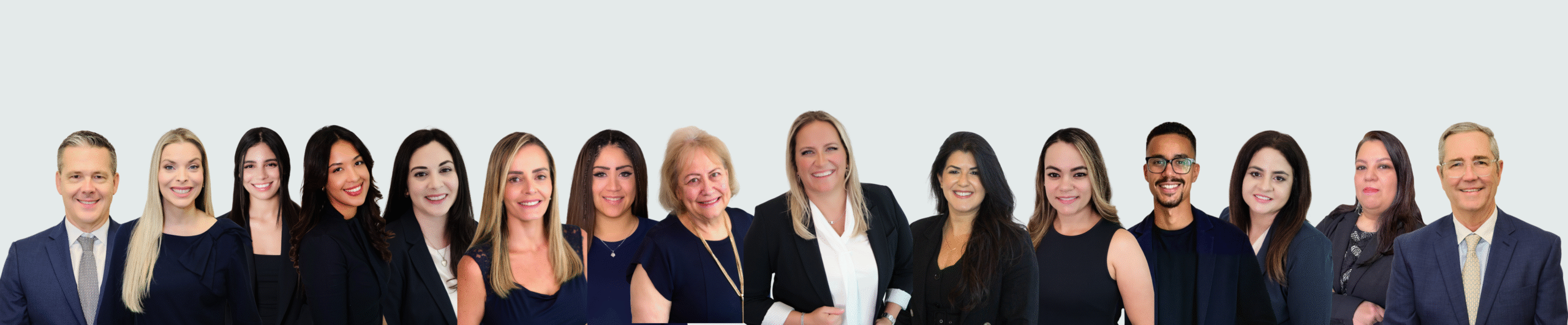 Group portrait of diverse professionals smiling.