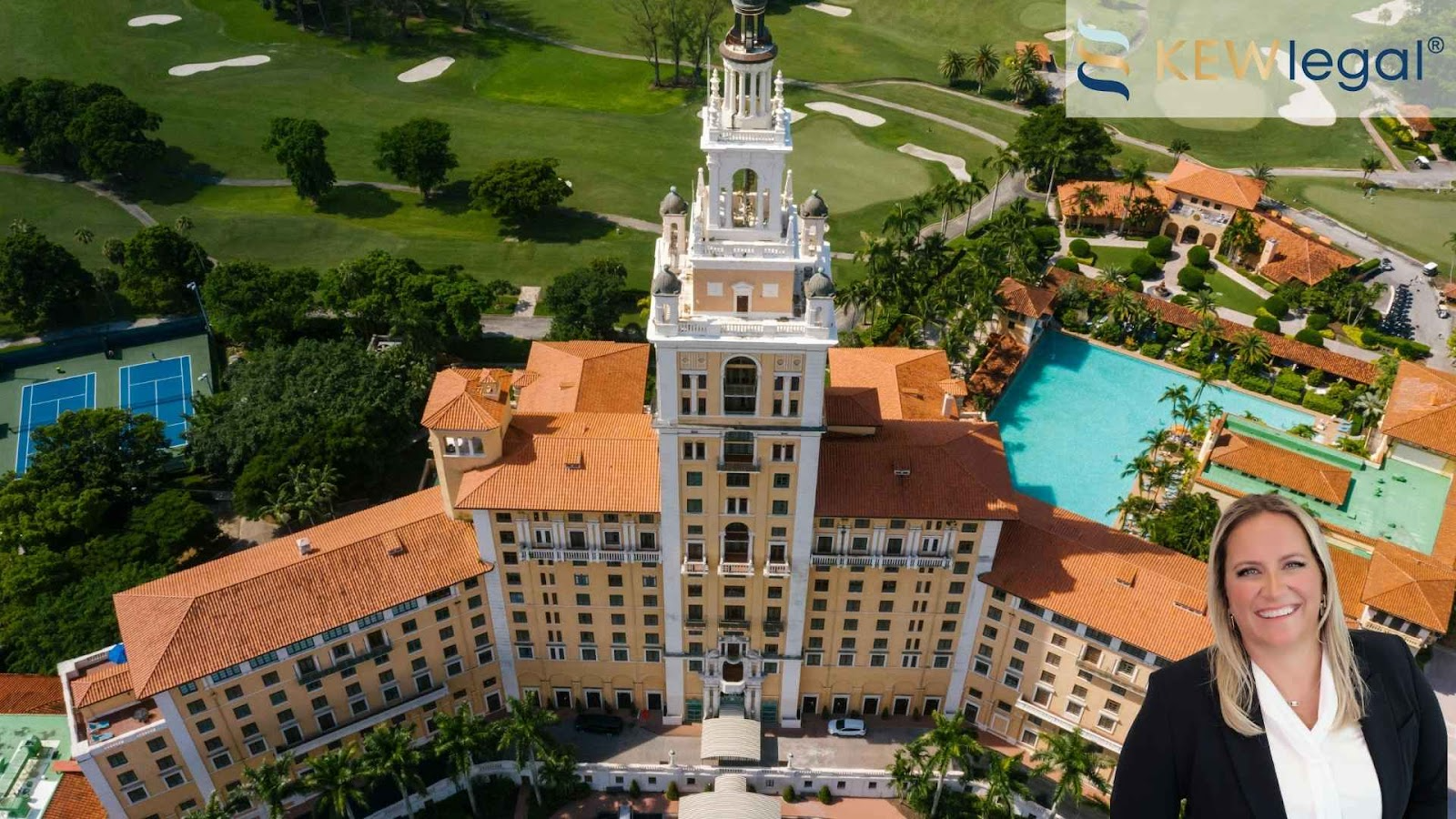 Kristina E.Wilson, mergers and acquisitions attorney in front of historic hotel and lush golf course aerial view in coral gables, FL.