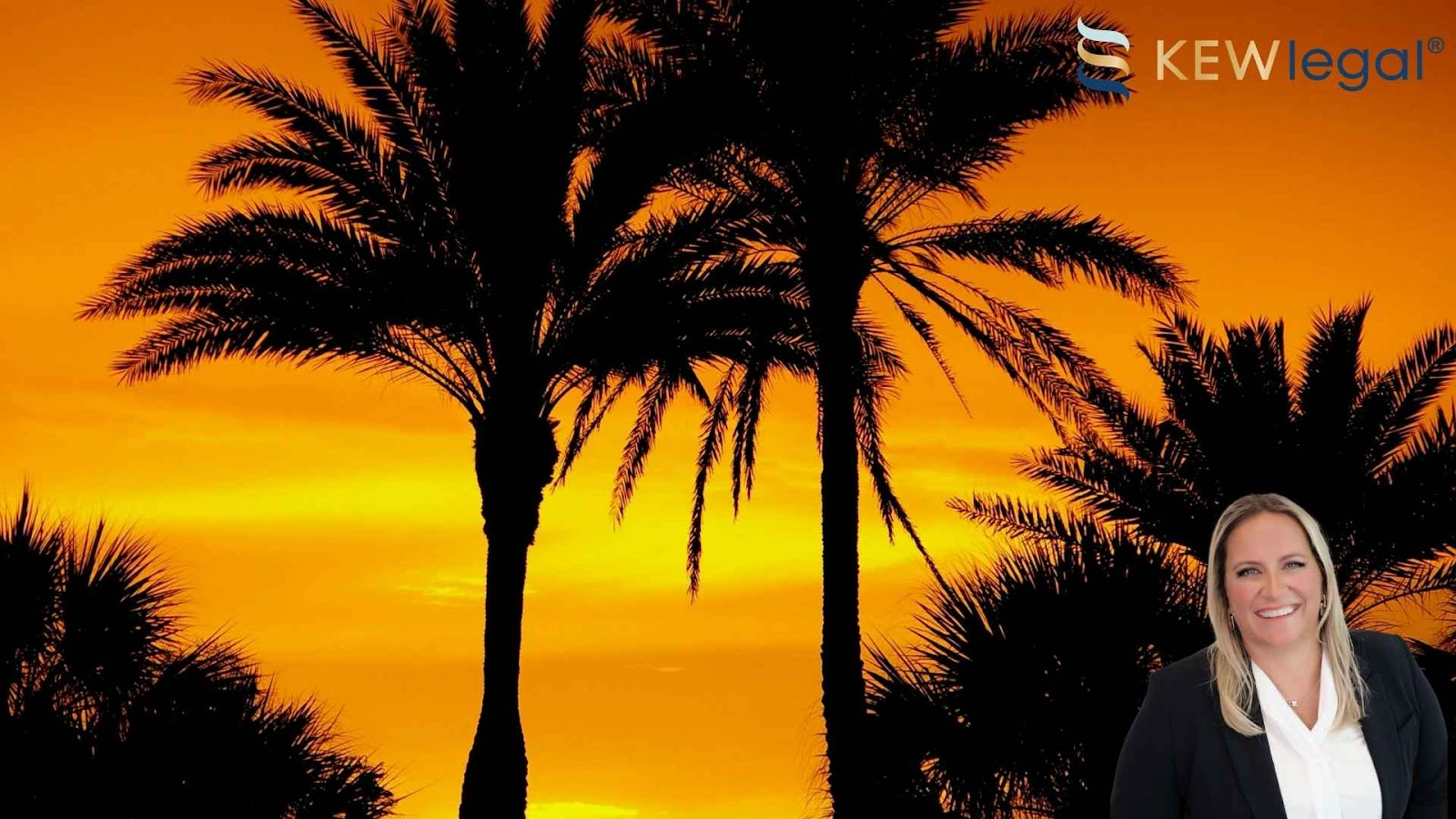 Palm trees silhouette against sunset in Florida with Kristina E. Wilson, mergers and acquisitions attorney.