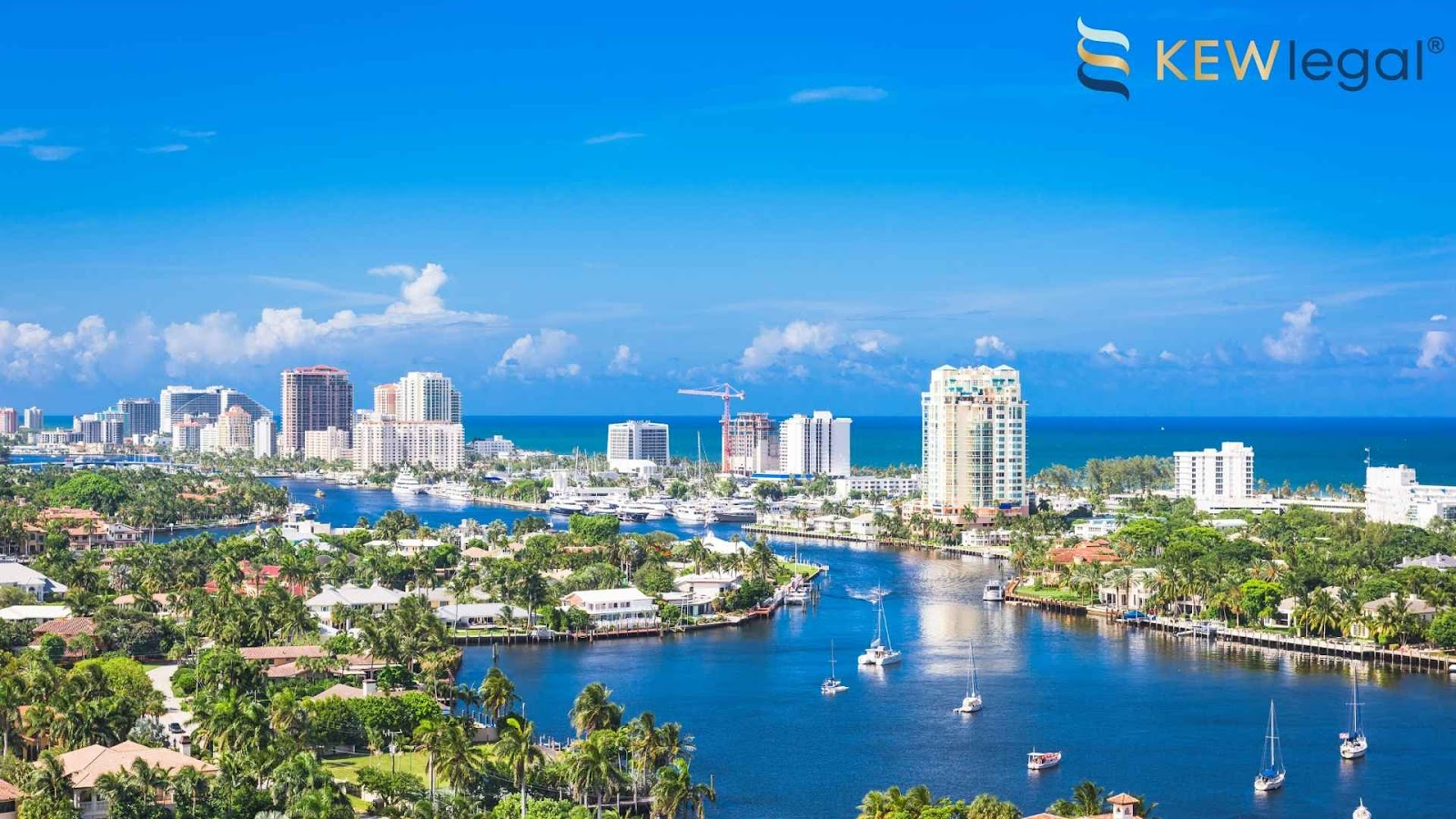 Sunny skyline of Florida with tall buildings.