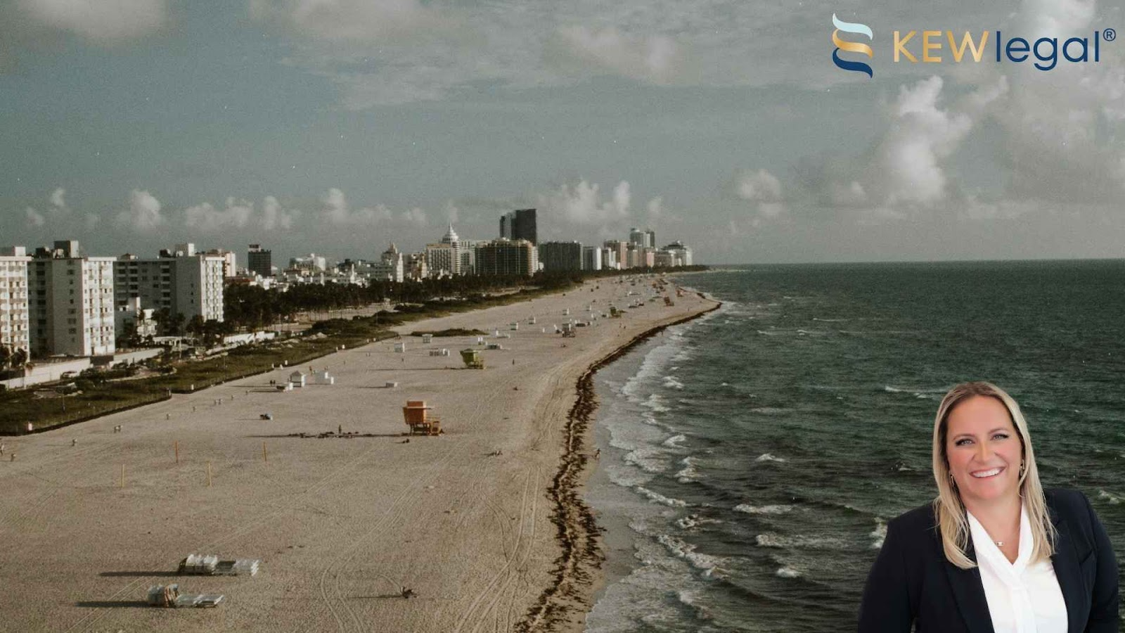An aerial view of the beach in Florida, where buildings hosting local businesses in skyrises can be seen. An superimposed image of a business lawyer can be seen the bottom right.