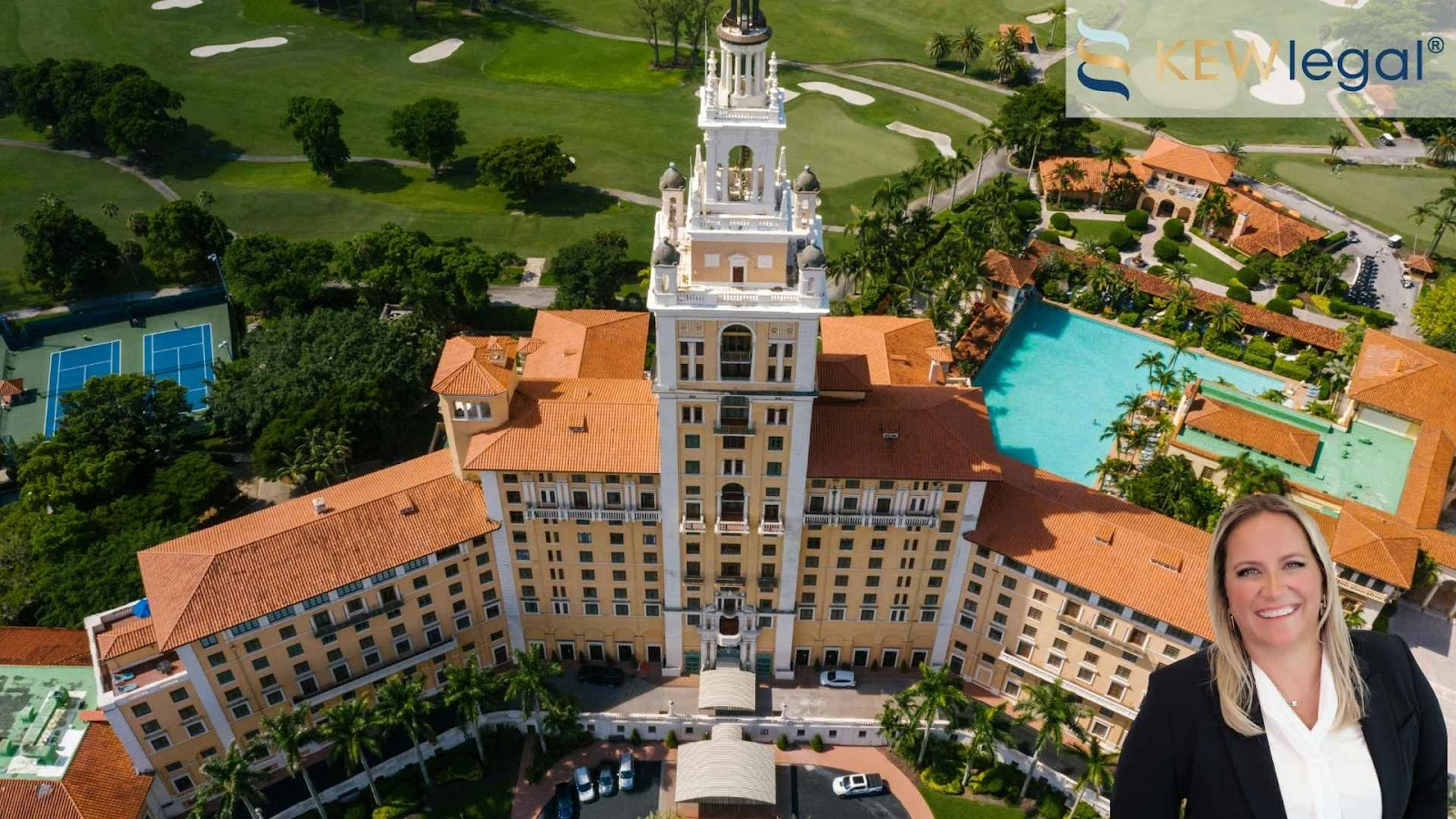 Aerial View of Hotel in Coral Gables where many businesses and corps work out of, featuring an overlayed image of a business lawyer in bottom right