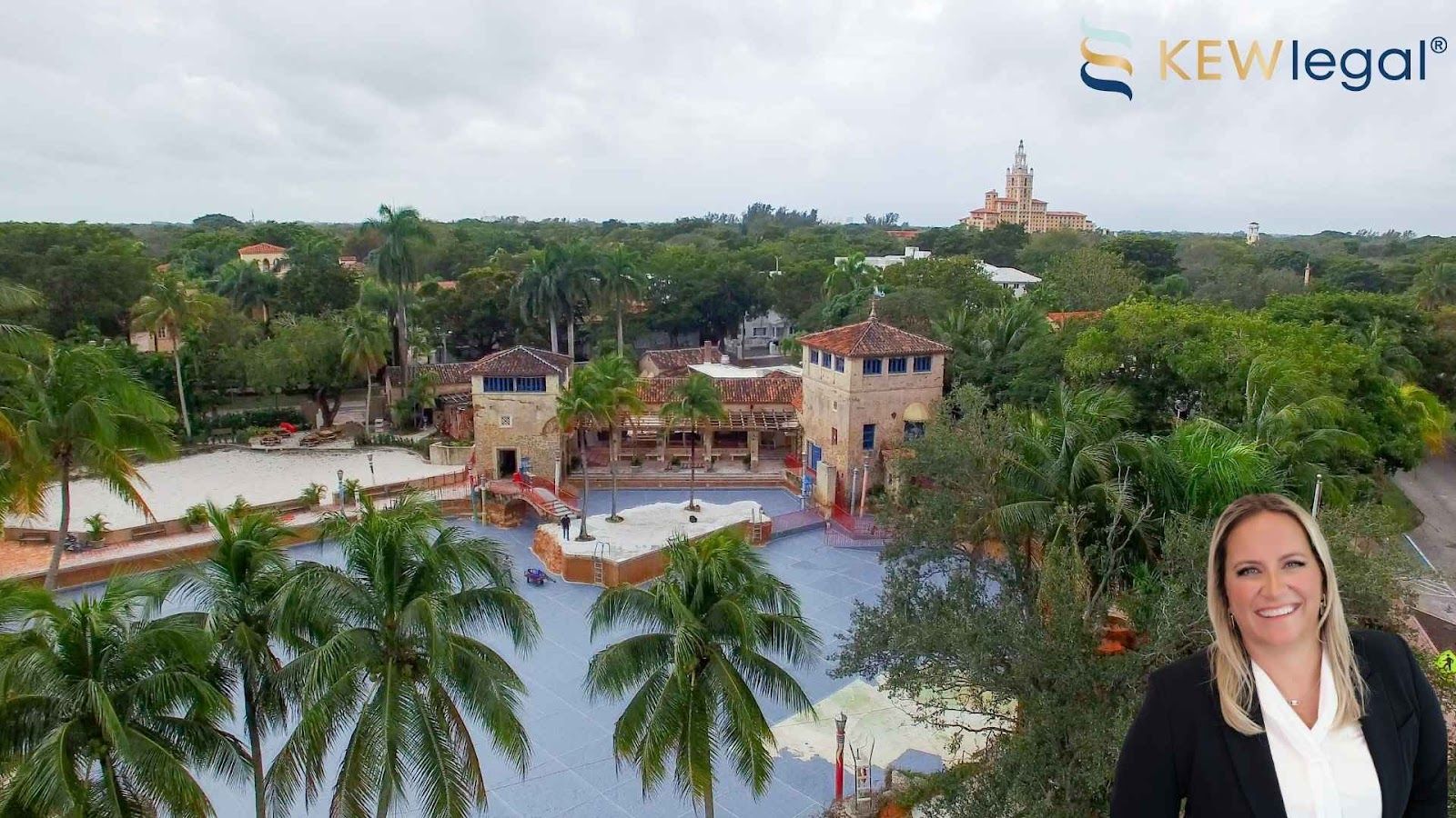 Aerial image of an ongoing build of a hotel in Coral gables, where the need of a general counsel lawyer is vital. An overlay of Kristina E. Wilson, a general counsel attorney is also present at the bottom right.