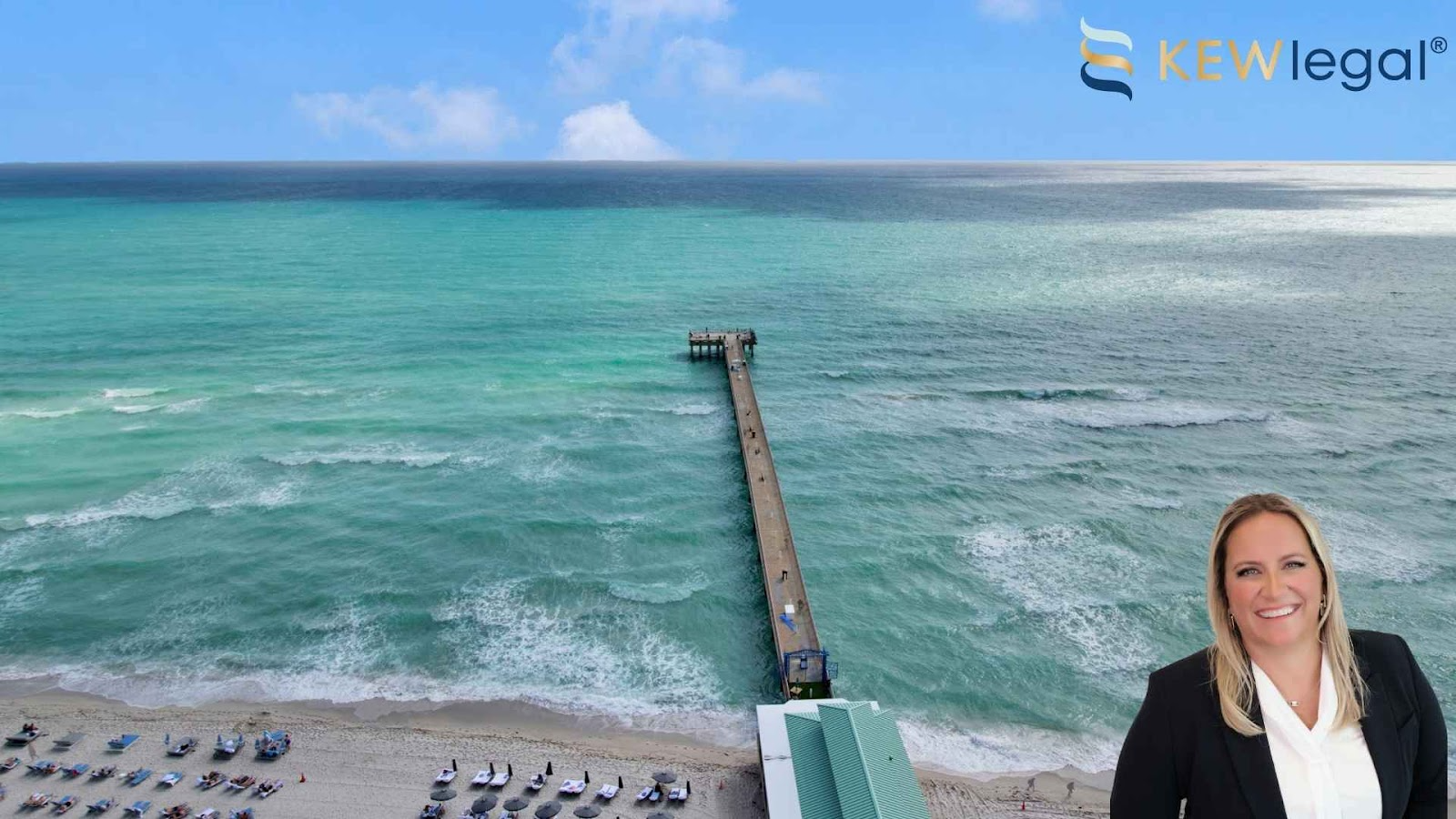 An aerial view of a sunny Isles beach where an extended walking dock can be seen stretching out to the ocean. Being a business hub, The sunny isles beach often has visitors needing general counsel services, Kristina e. wilson, general counsel lawyer can be seen in the right hand corner.