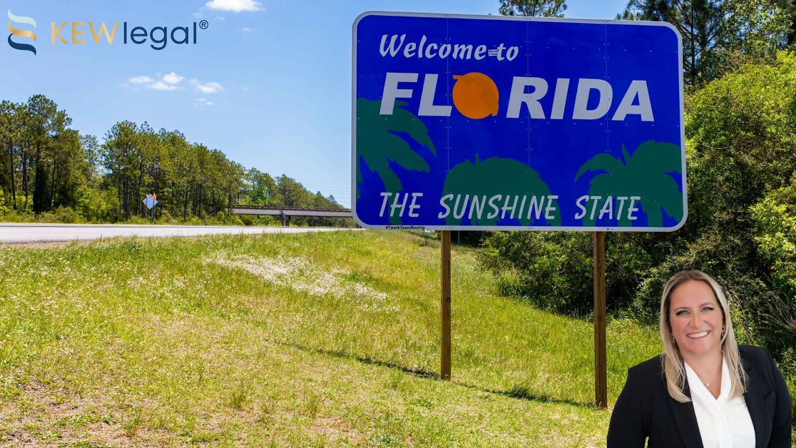 An image of a Welcome to Florida the sunshine state sign, where general counsel services are needed. A cut out image of Kristina E. Wilson, general counsel lawyer, can be seen in the right hand corner.
