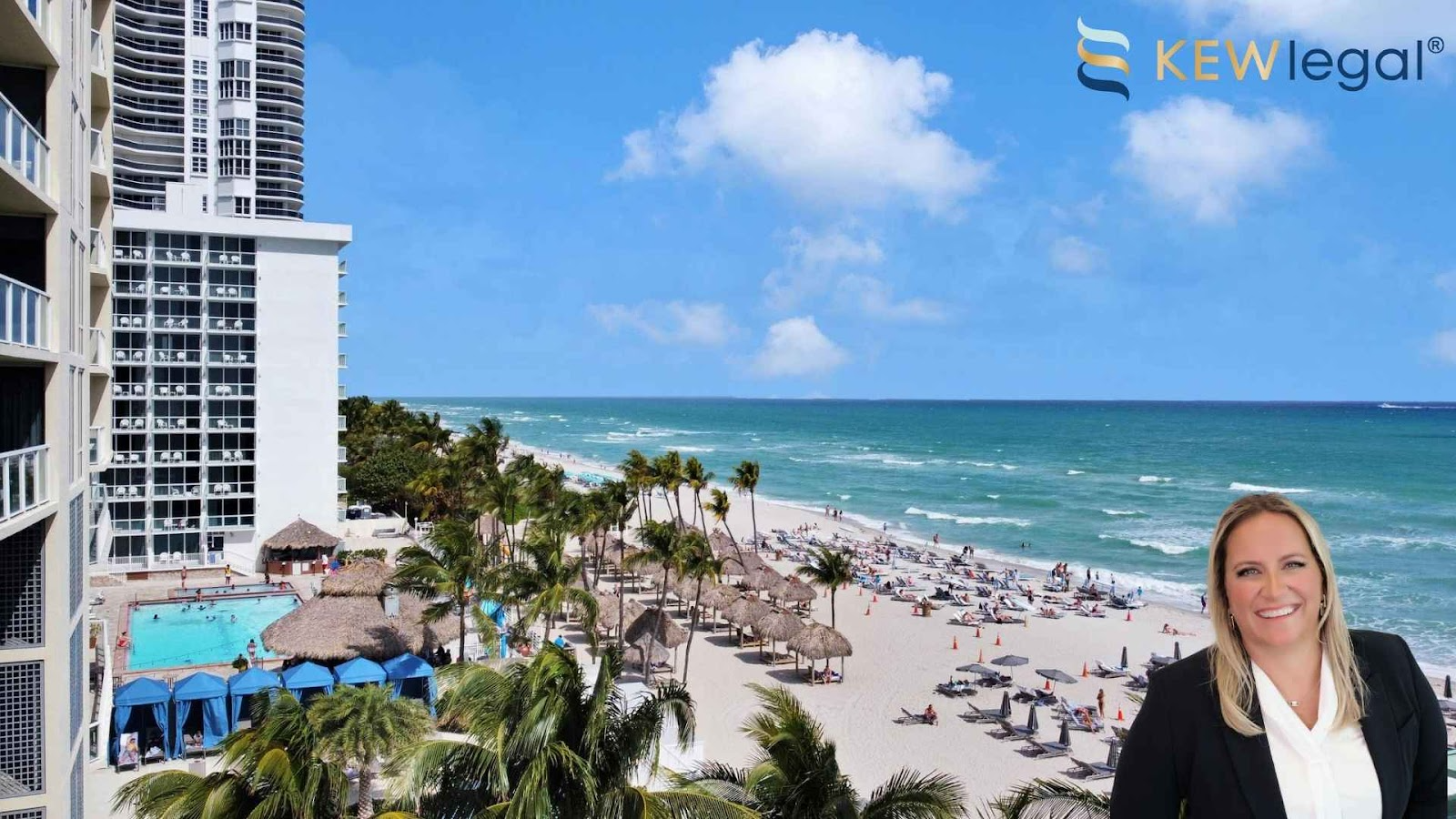 Kristina E. Wilson, business attorney, in front of Beachfront resort with palm trees and ocean view in Sunny Beach Isles, FL.