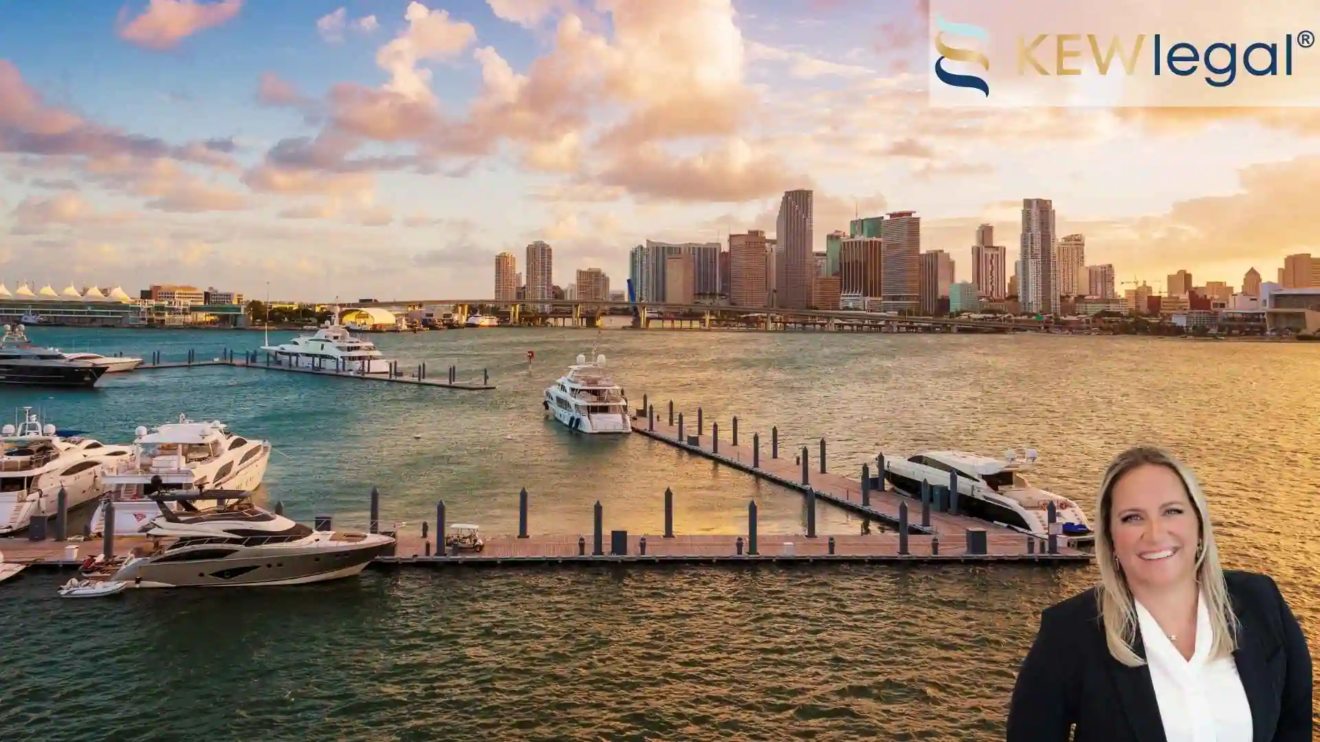 An image of a Miami boat dock. the downtown skyline, where businesses need legal services can be seen. Business and Real estate lawyer, Kristina E. Wilson, can be seen at the bottom right.