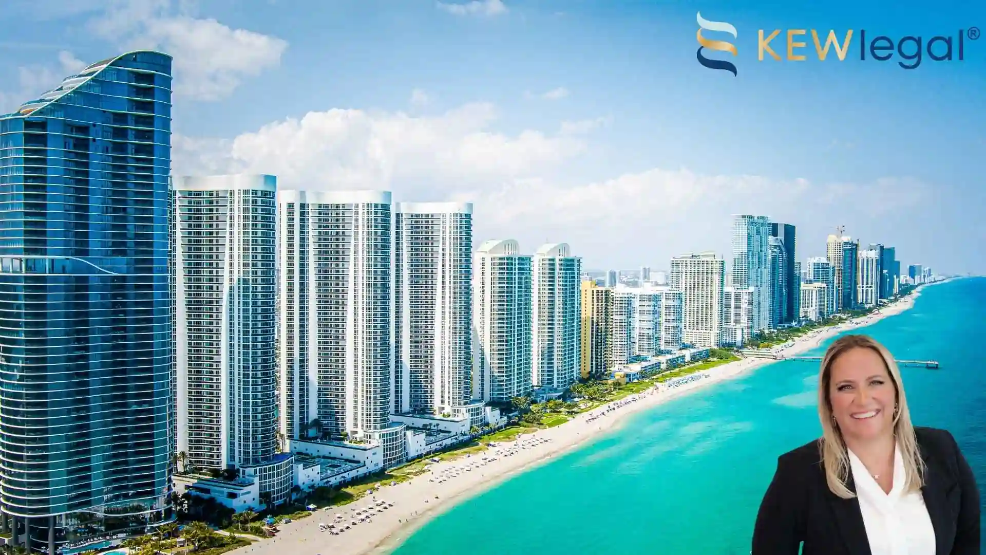 An aerial view of miami beach, florida, where legal real estate services are needed. Kristine E. Wilson, real estate lawyer is in the foreground