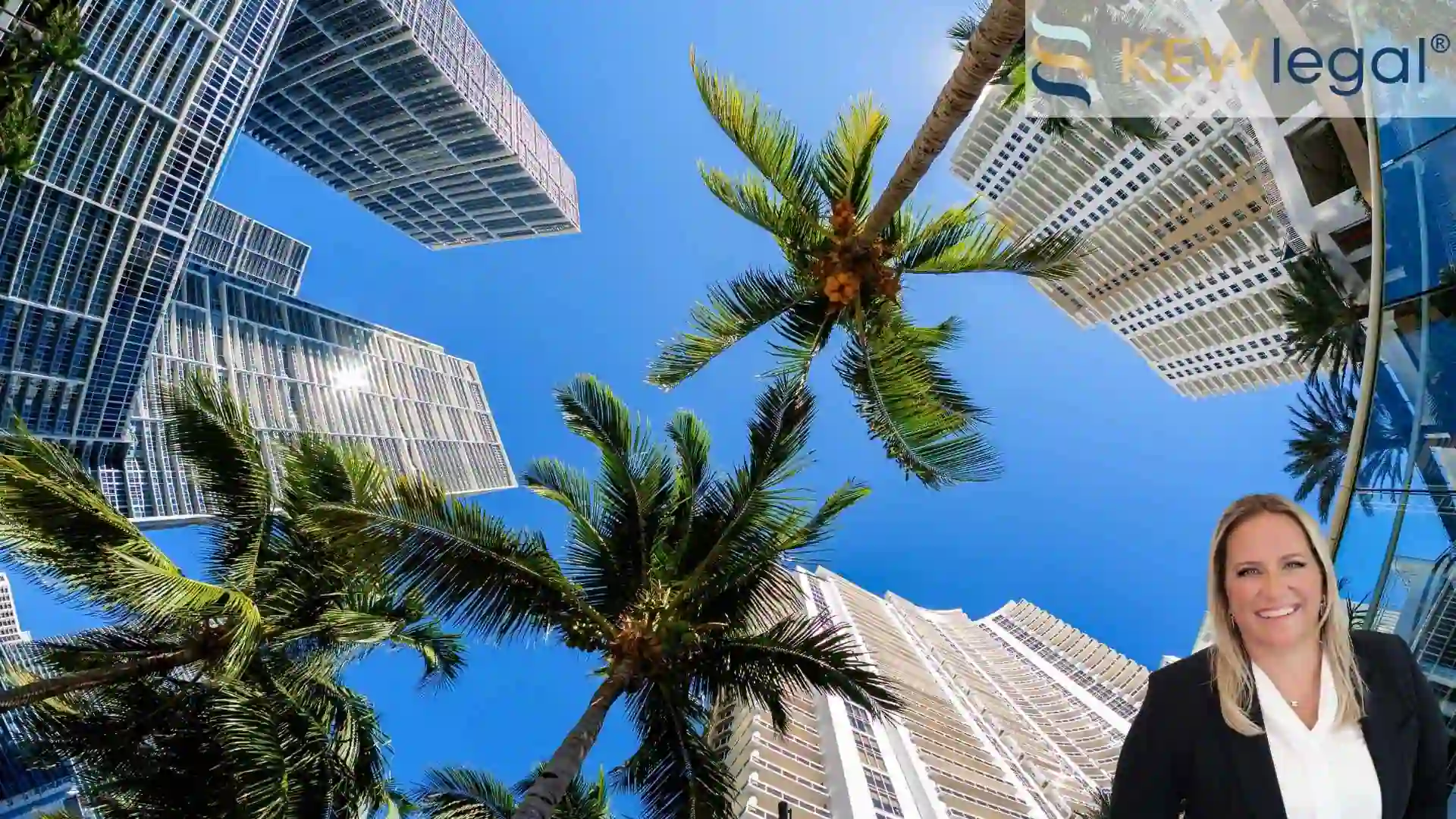Worms eye view of Miami's business district, where general counsel services are often needed. In the foreground, General Counsel Attorney, Kristina Wilson can be seen.