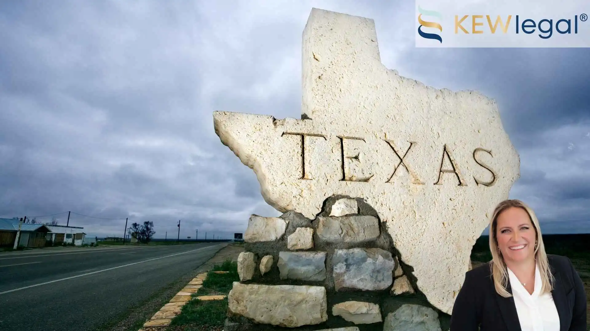 A stone carved road sign of the state of Texas, where companies often need legal advice on business and real estate law. An Image of , business lawyer, Kristina e. Wilson can be seen on the bottom right.