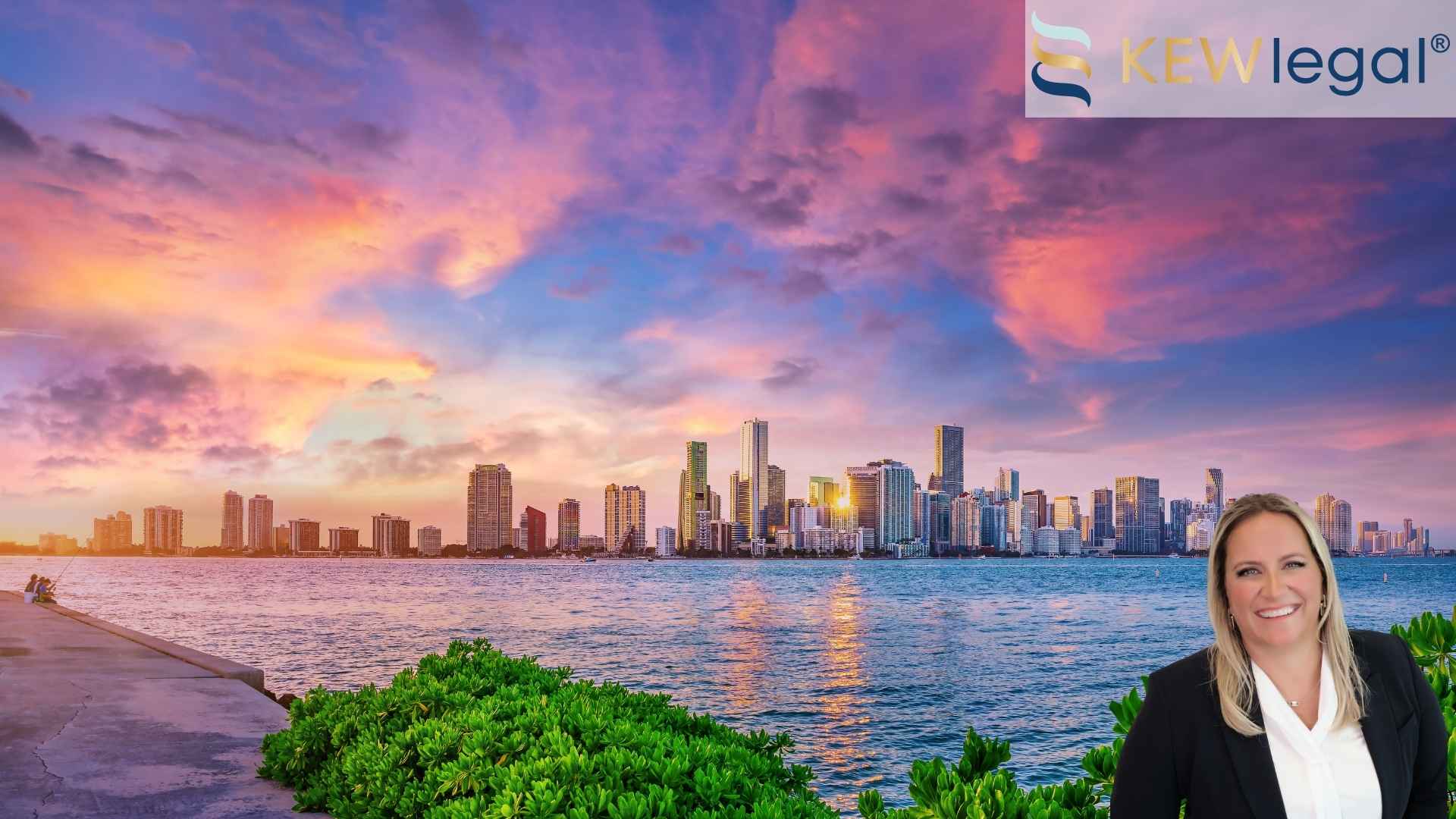 Coastline of down town miami, where many residents own horses. An image of Equestrian Law attorney, Kristina E. Wilson can be seen in the corner.