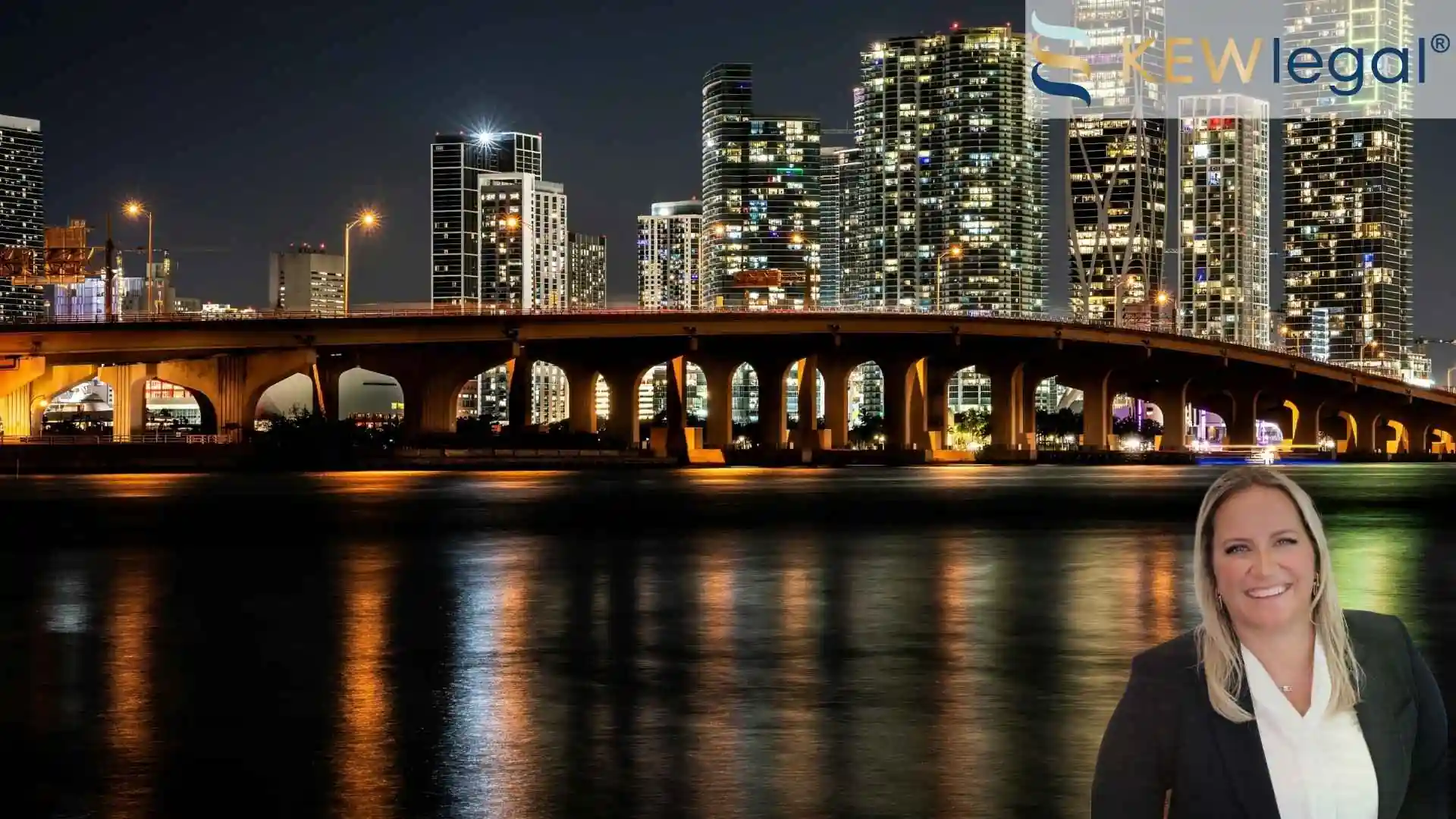 The downtown Miami skyline behind a free way and the ocean. An image of Kristina E. Wilson in the bottom right, where she provides business litigation services to the area.