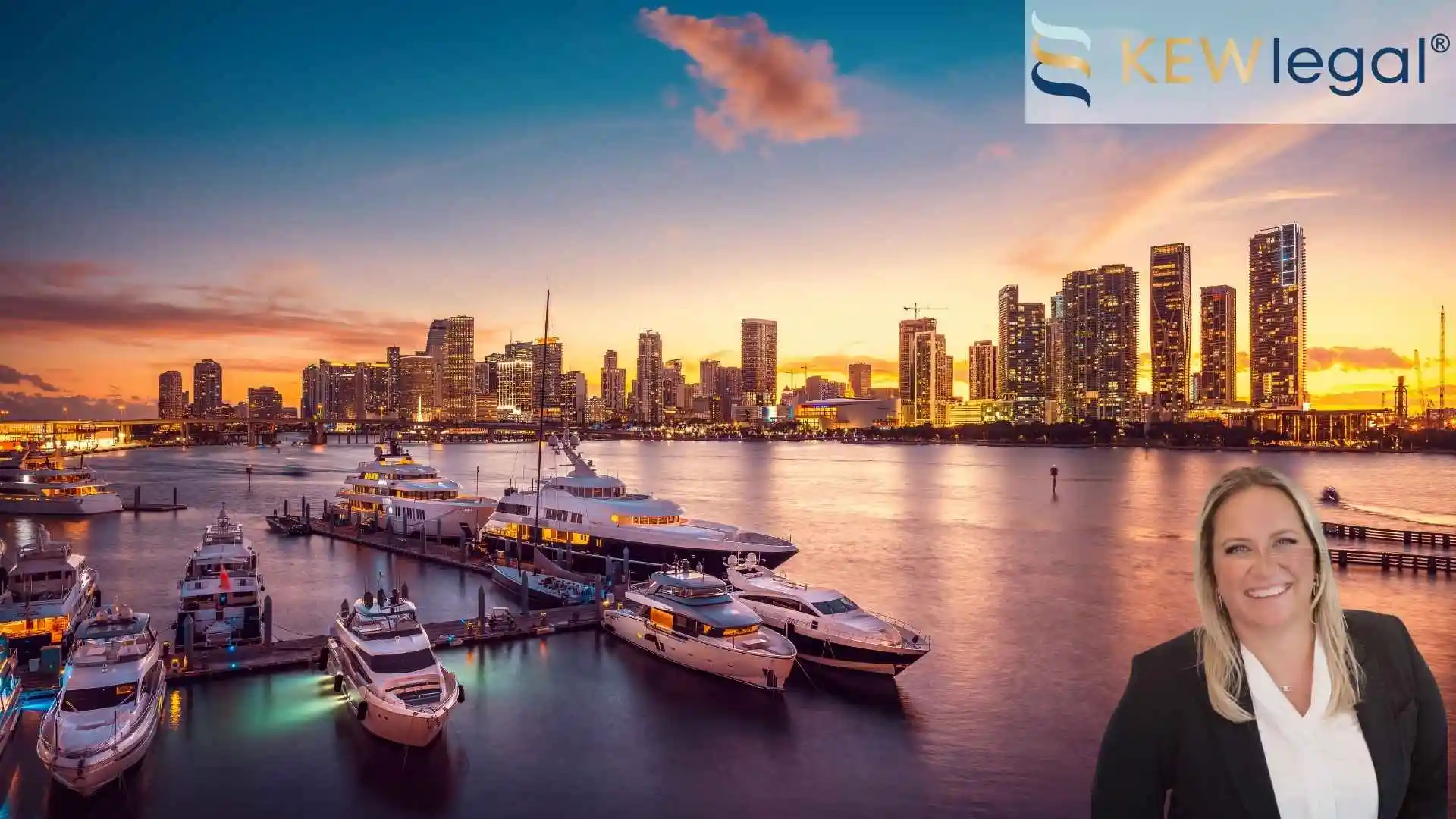 Image of a Miami dock with the downtown skyline in the back ground, where businesses often need legal compliance services. An image of compliance Attorney Kristina e. Wilson can be seen in the bottom corner.