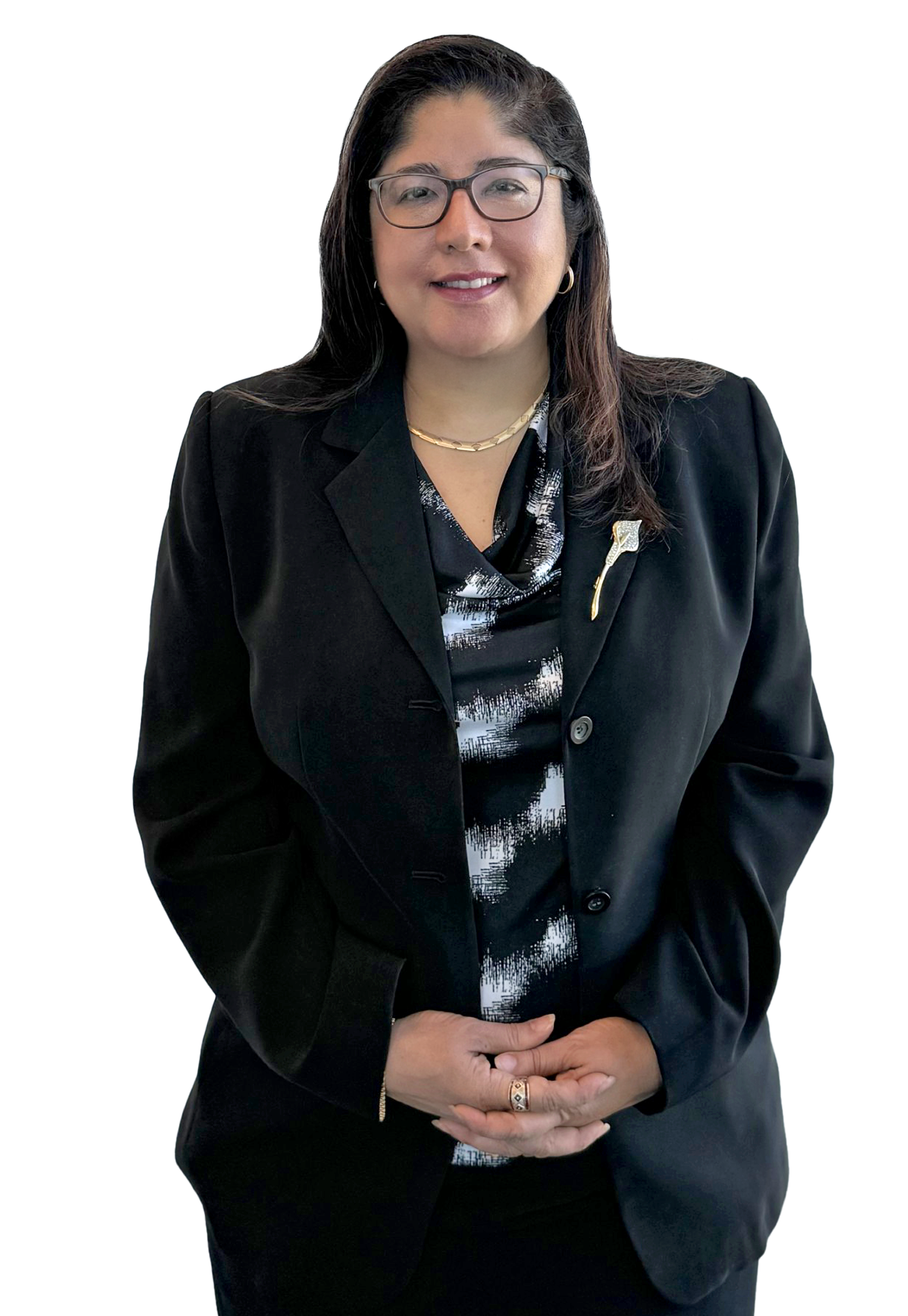 Professional woman wearing black suit and glasses
