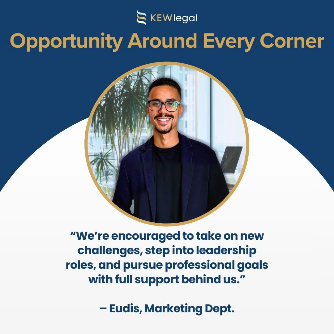 KEW Legal employee sharing career growth opportunities.