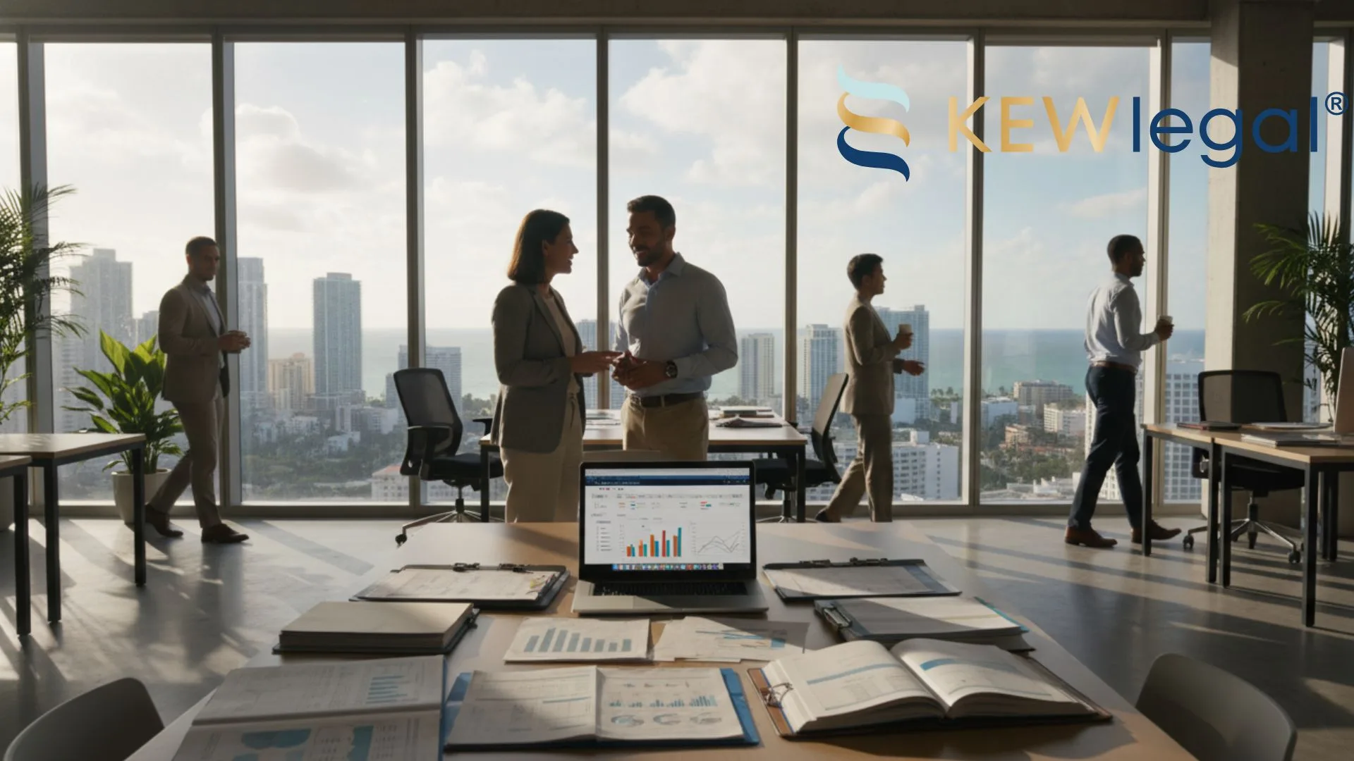 Modern office meeting with city skyline view in Miami