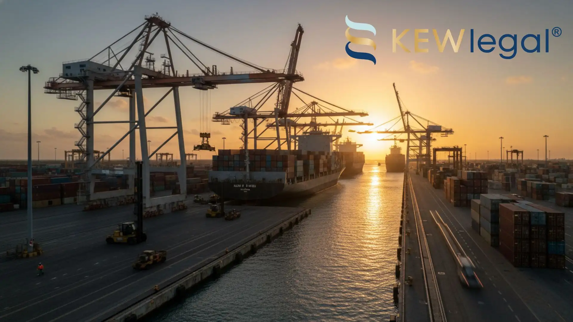Container port with cargo ships at sunset