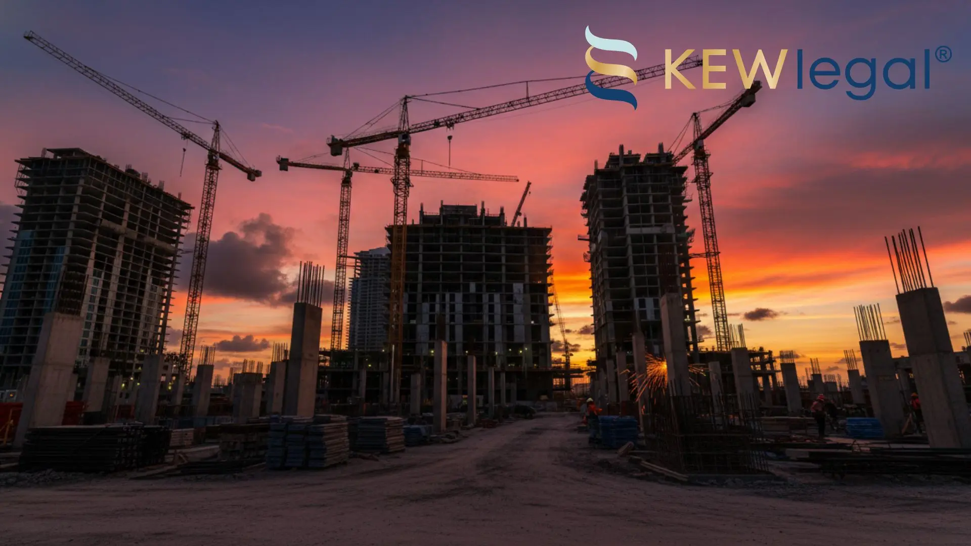 High-rise construction site with cranes at sunset, sunny isles beach